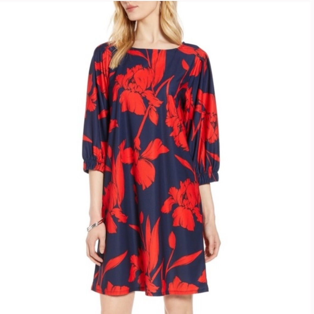 HALOGEN Navy Red Floral Print Flowy Sheath Dress Size SP